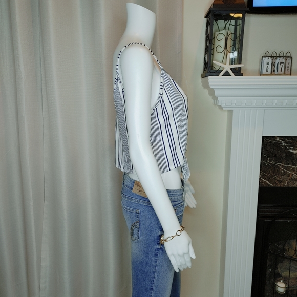 FOREVER 21 STRIPED CROP TOP WITH TIE FRONT, WHITE W/ NAVY STRIPES L - Picture 3 of 6
